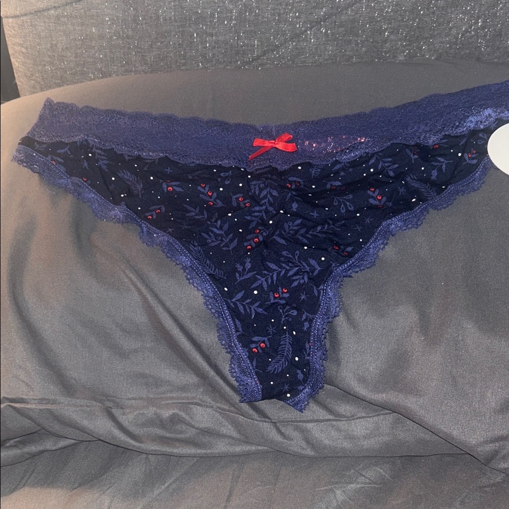 Navy Lace Trim Women's Panties with Red Bow